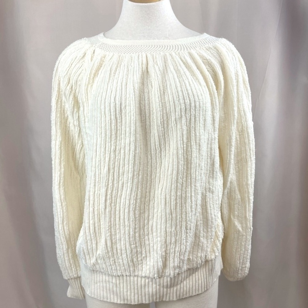 Vintage 80s Womens Sweater (XL) MADEMOISELLE‎ Cream Boxy Draped Puff Sleeve Knit